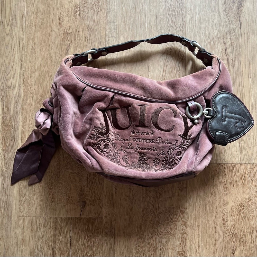 Juicy Couture Vintage Purse Pink Velour Brown Leather Bag Mirror Heart Charm